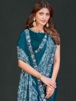 Teal Blue Crepe Satin Silk Ready To Wear Saree